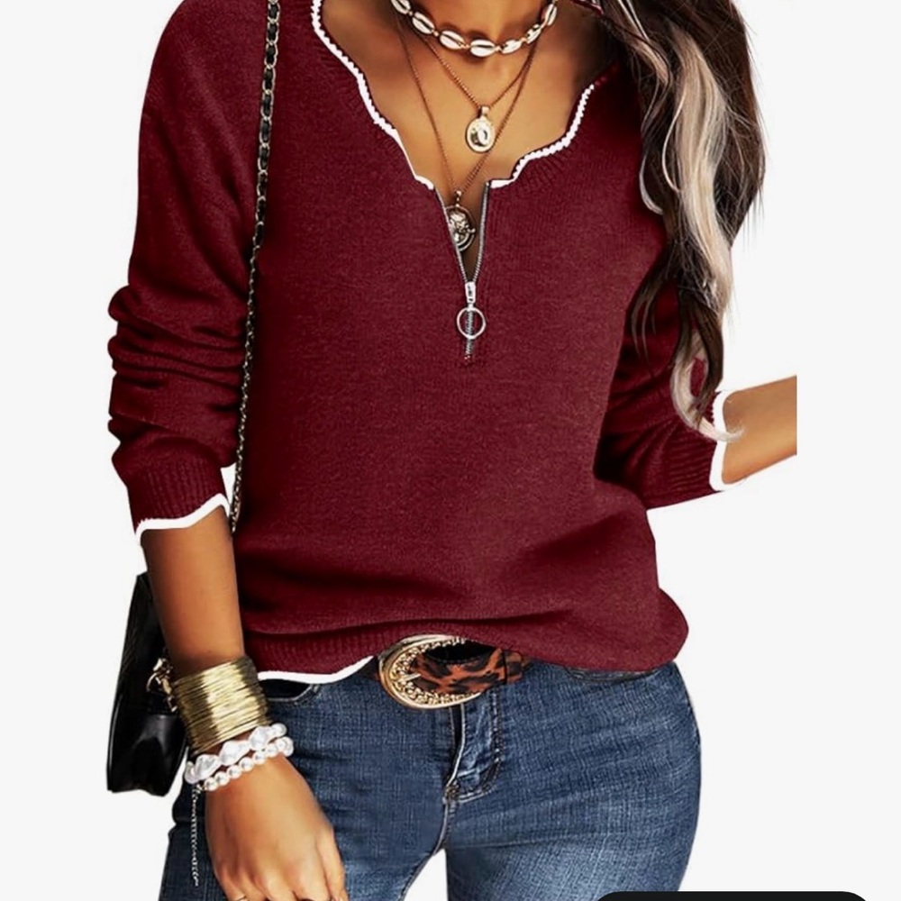 Women’s Half-Zip V-Neck Knit Sweater - Burgundy NWOT